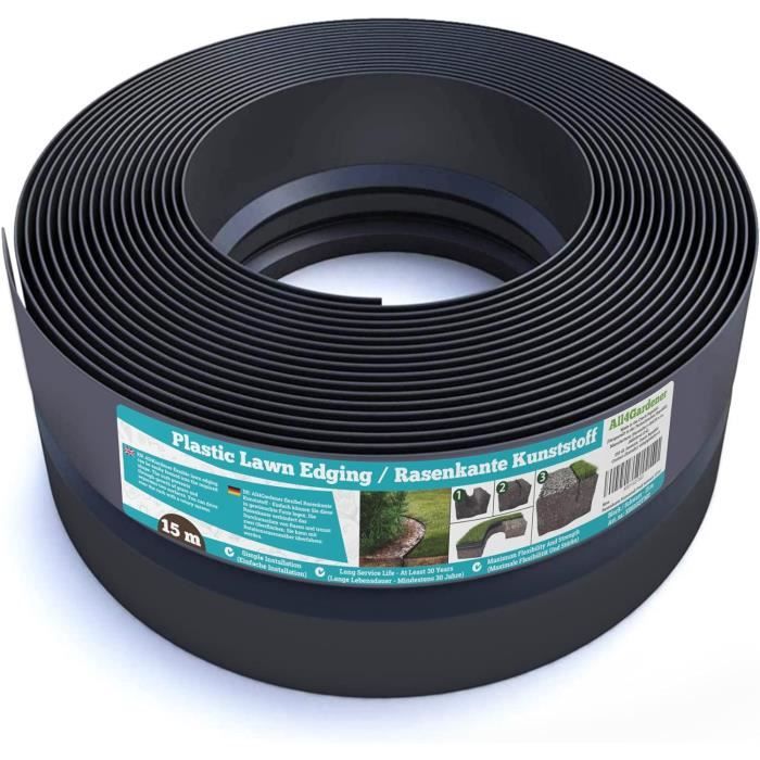 Bordure De Gazon Flexible 10 M + 20 Piquets - Hauteur 38 Mm, Noir, Pour Délimiter Pelouse Et Parterres