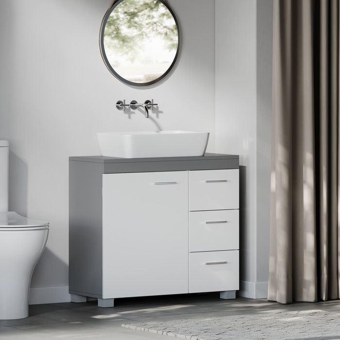 Meuble sous Lavabo 3 Grands Tiroirs Placard sous Vasque 2 Compartiments Derrière la Porte 30 x 70 x 64 cm Gris et Blanc