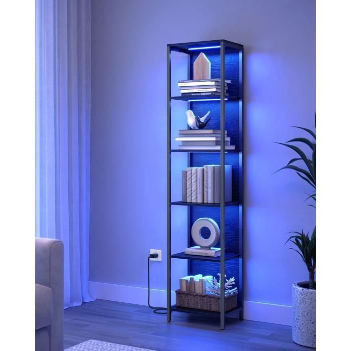 Bibliothèque LED à 6 Niveaux Lumière Réglable Cadre en Acier 303 x 40 x 1786 cm pour Salon Chambre Bureau Noir Boisé