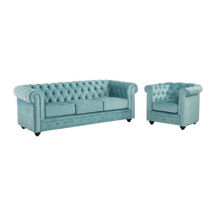 Canapé 3 places et fauteuil CHESTERFIELD - Velours bleu pastel