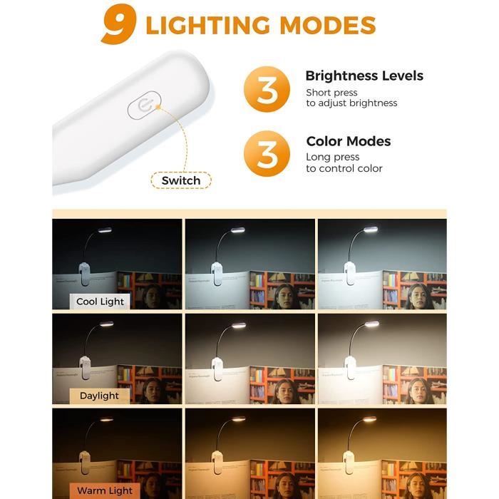 7 LED Lampe pour Lire Dans le Lit Rechargeable, 3 Couleurs，Liseuse Lampe à  Pince pour Lecture Nocturne, Voyages, Camping（blanc） - Cdiscount Maison