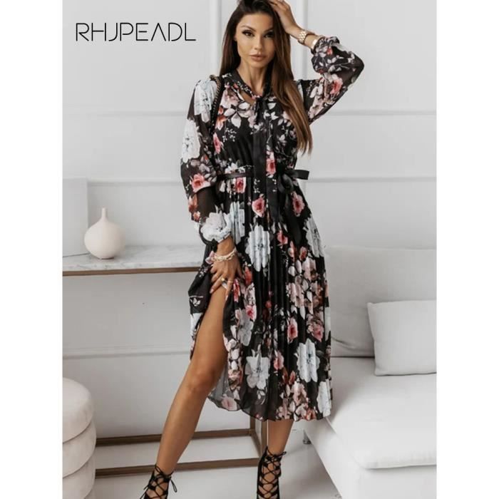 Vetements Femme Robe longue plissee en mousseline de soie a manches longues pour femme elegante imprime Floral Vint Rose C72132 Blanc Cdiscount Pret a Porter
