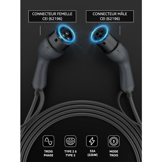 bokman Type 2 Câble de Recharge Voiture Electrique PHEV, Mode 3 / 32A / 7,2kW / Monophasée / 8