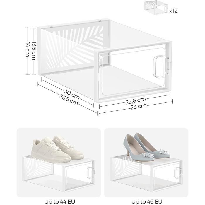 Relaxdays Boîtes à chaussures en plastique, lot de 12, empilable,  transparents couvercles, 12,5 x 20 x 34,5 cm, blanc