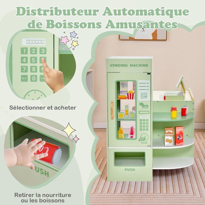 Supermarket Pour Enfants - Caisse Enregistreuse Avec Chariot, Tableau Noir & 39 Accessoires - Jeu D'imitation En Bois Avec Lumières LED