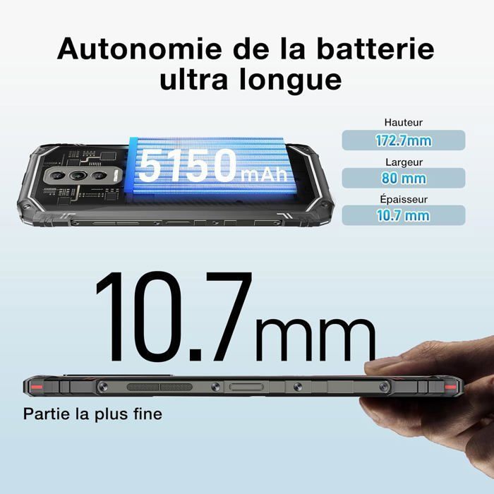 DOOGEE Blade 10 Ultra 20Go 256Go Telephone Portable Incassable 2025, Android 14 Téléphone Débloqué, 5150mAh, 50MP 8MP, 6.56HD 90Hz Smartphone Incassable Etanche, Dual 4G LTE,GPS,NFC,OTG,Widevine L1
