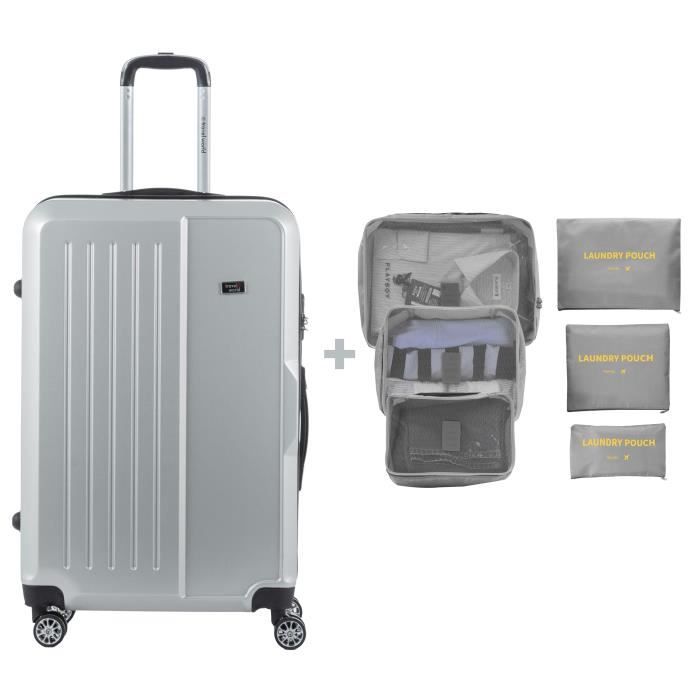 TRAVEL WORLD - Lot de 1 Valise Grand Format Rigide 8 Roues 70cm + 6 Organisateurs de Valise - Argent