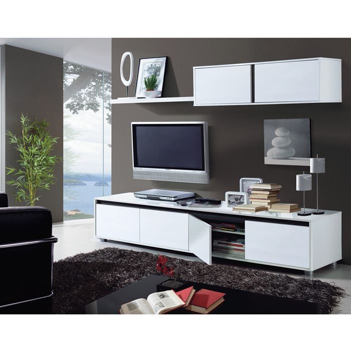 AURA Ensemble séjour contemporain laqué blanc brillant - L 200 cm