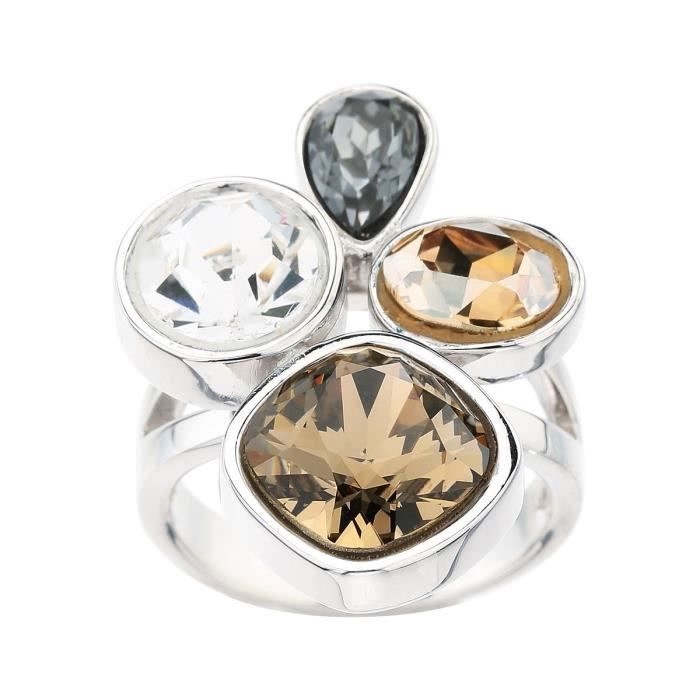 COLORS - Bague -Mixa Marron, Gris, Doré et Crystal- Métal Argenté et Cristaux Swarovski - Femme