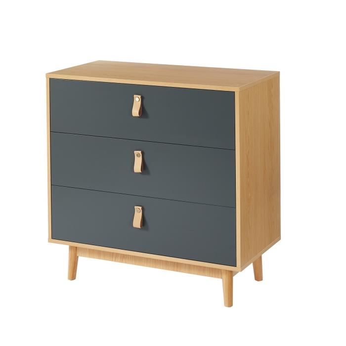 CAMBRIDGE Commode 3 tiroirs avec poignées en cuir gris anthracite et bois - L 80 x P 40 x H 80 cm