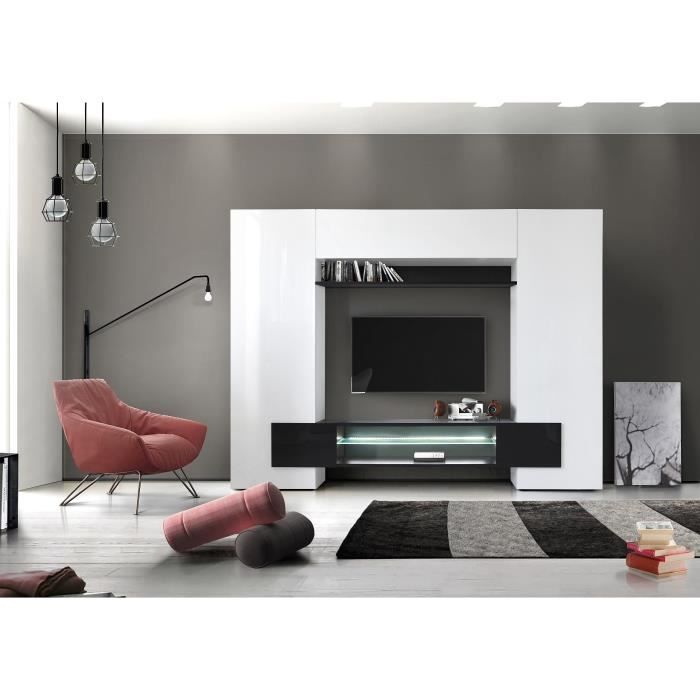 CAPRI Séjour mural TV avec éclairage Led - Laqué blanc et noir - L 258 x P37 x H