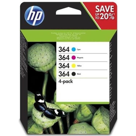 HP 364 Pack de 4 cartouches d'encre noire, cyan, jaune et magenta authentiques (N9J73AE) pour DeskJet 3070A, Photosmart 5525/6525