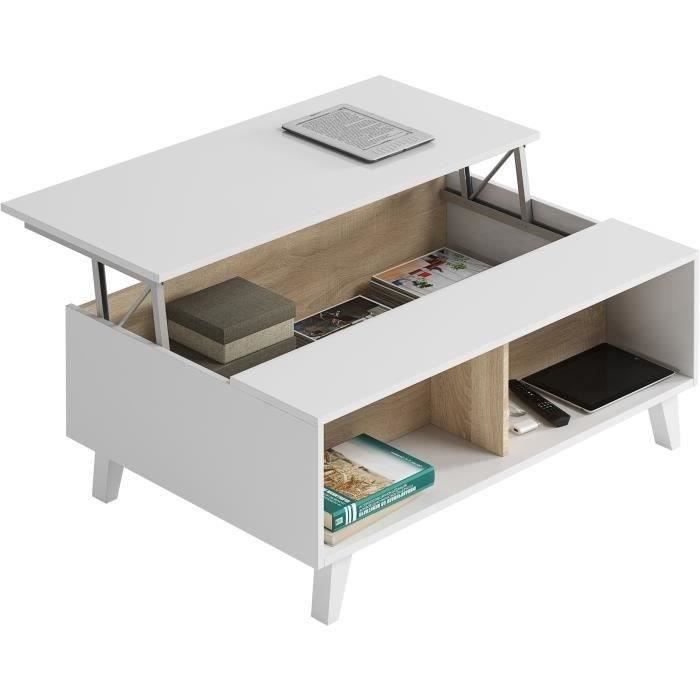 Table basse Relevable - Scandinave - Décor chêne et blanc - L 100 x P68 x H 38 cm - ZAIKEN