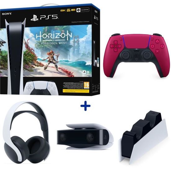 Pack PS5 Digital : Console PS5 Digitale + Horizon F.W. + Manette Rouge + Casque-Micro 3D Blanc + Caméra HD + Station de charge