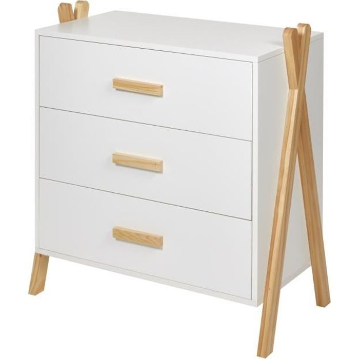 amarok commode enfant - pin massif et mdf - blanc/naturel - style scandinave - l 76 cm