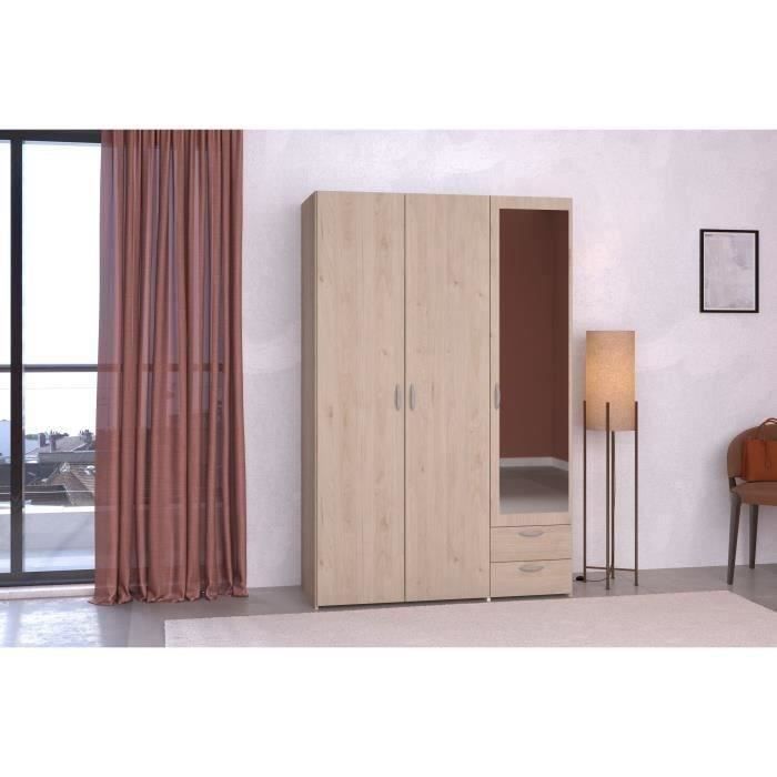 Armoire VARIA - Décor chêne - 3 portes - 2 tiroirs - Porte droite avec miroir - 1203 x 185 x 517