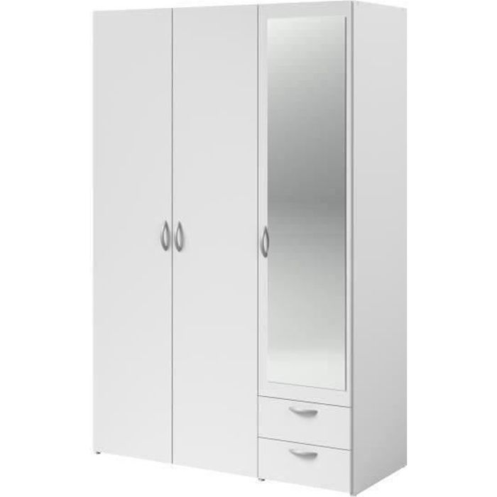 Armoire VARIA - Décor blanc - 3 portes battantes + miroir + 2 tiroirs - L 120 x H 185 x P 51 cm - PA