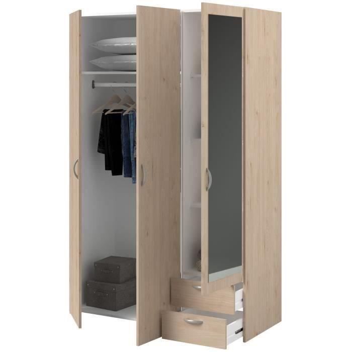 Armoire VARIA - Décor chêne - 3 portes - 2 tiroirs - Porte droite avec miroir - 120,3 x 185 x 51,7