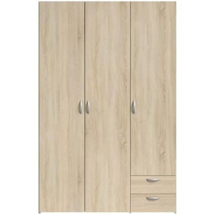 Armoire VARIA - Décor chêne - 3 portes battantes + 2 tiroirs - L 120 x H 185 x P 51 cm - PARISOT