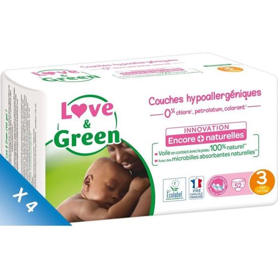 LOVE AND GREEN Couches Pack 1 mois - Taille 3 - De 4 à 9 Kg - 208 couches