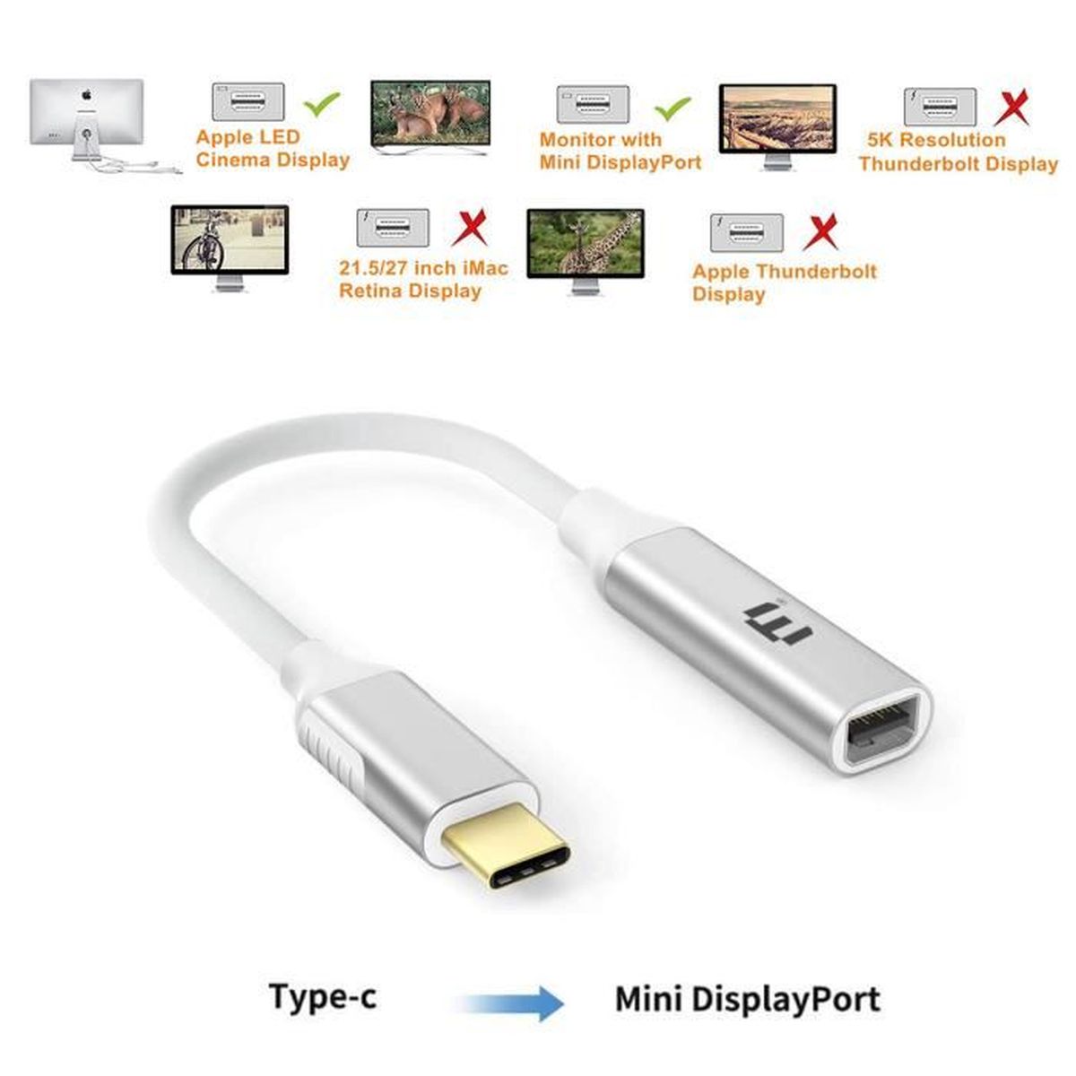 Adaptateur USBC vers Mini DP, USB Type C vers Mini DisplayPort Câble