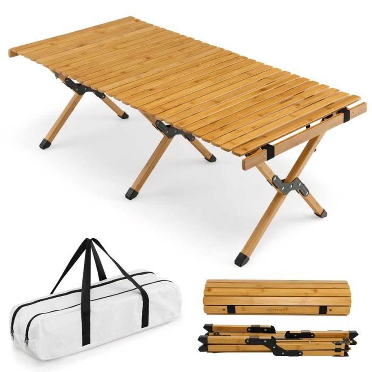 COSTWAY Table de Camping Pliante Portable en Bambou Plateau Enroulable