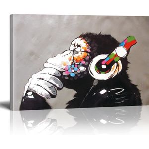 TABLEAU - TOILE Tableau Banksy DJ Monkey - Street Art Graffiti - D