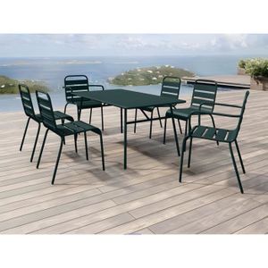 Ensemble table et chaise de jardin Salle à manger de jardin en métal - une table L.160 cm avec 2 fauteuils empilables et 4 chaises empilables - Vert sapin - MIRMANDE d