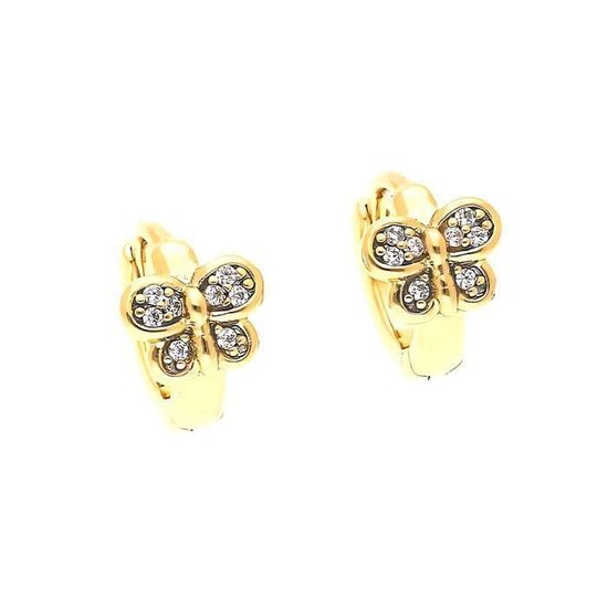 Boucles D'oreilles Créoles Enfant - Motif Papillon, Cristal Zirconia, Plaqué Or 750 - Neuves Avec étiquettes