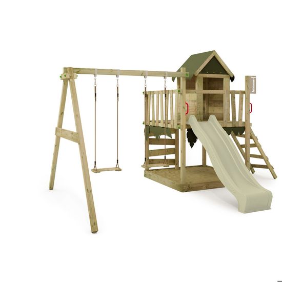 Aire De Jeux FATMOOSE HappyHome Hot - Balançoire, Toboggan, Bac à Sable, Bois Traité