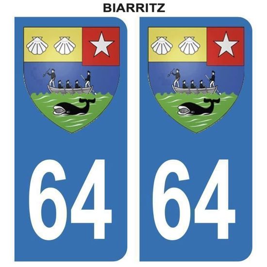 Autocollant Stickers plaque immatriculation voiture auto 64 Bleu Blason Ville Biarritz Lot de 2