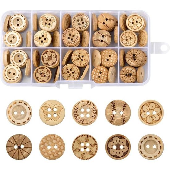 Lot De 3 Boutons En Bois De Coco 30mm à Motifs Fleurs Pour Scrapbooking Ou Couture