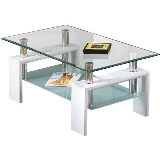 Table basse Alva avec plateau et tablette en verre. De couleur blanche.