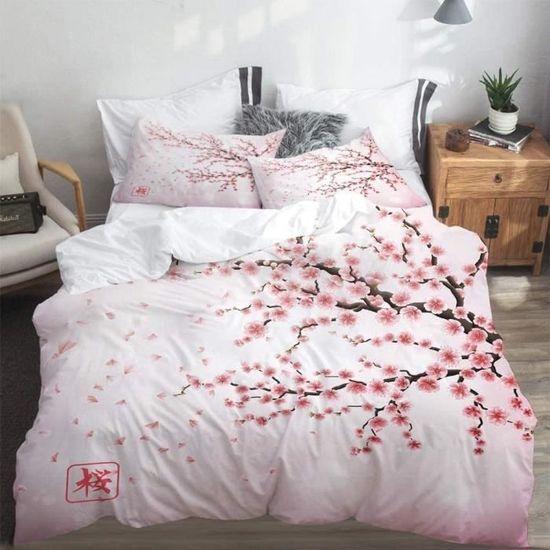 Housse De Couette 200x200 Cm + 2 Taies 65x65 Cm - Imprimé Fleurs De Cerisier Japonais 3D - Microfibre Douce - Fermeture éclair - 5