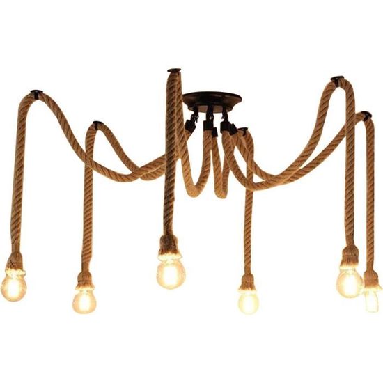 Lustre Industriel Rétro Corde Chanvre 6 Lumières - Suspension Vintage E27 Pour Salon Restaurant Loft