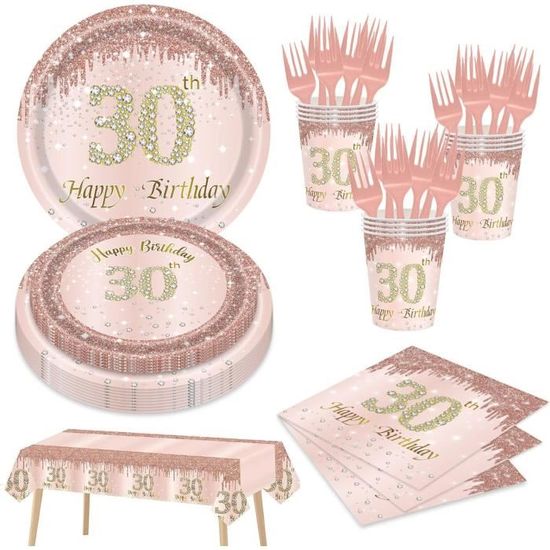 Set Vaisselle Jetable Anniversaire 121 Pièces - Rose Clair - Pour 24 Personnes - Assiettes, Tasses, Serviettes, Nappe