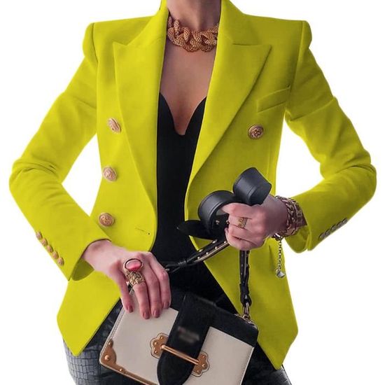 Blazer Bouton Dore Femme Fin Double Boutonnage Blazer Vintage Mode Affaires Veste Revers A Manches Longue Couleur Uni Jaune Jaune Cdiscount Pret a Porter
