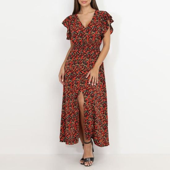 Robe longue noire smockée à imprimé fruits Noir - Cdiscount Prêt-à-Porter