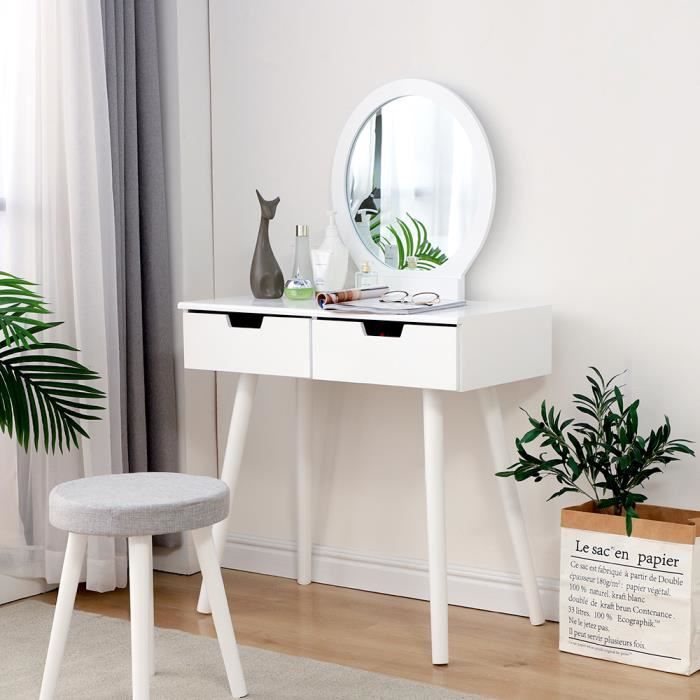 Coiffeuse 2 Tiroir avec Coulisses Miroir Rond Pieds en Pin Massif 80 x 40 x 128 CM