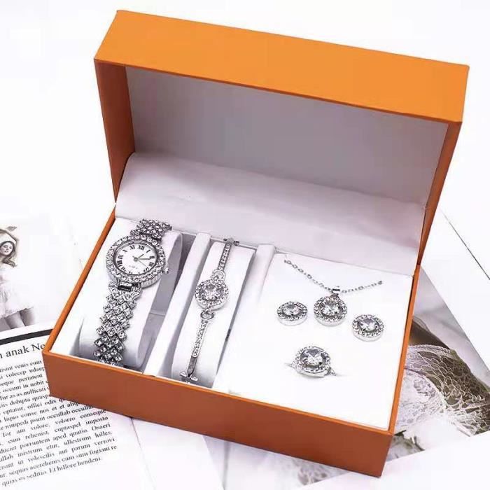 RMEGA Coffret Cadeau Montre Femme + Bracelet Femme+Bague Anneau+Boucle D’Oreille + Collier Femme+ , Montre Quartz - Argenté