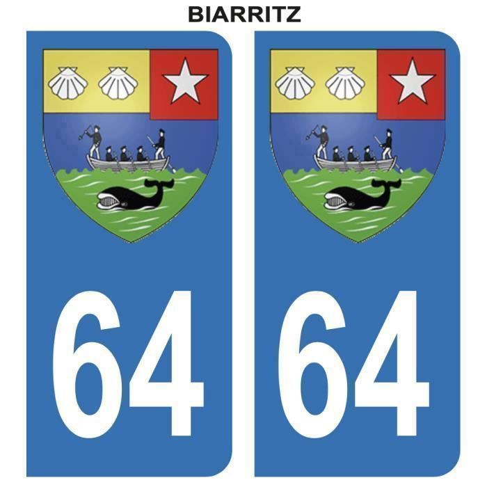 Autocollant Stickers plaque immatriculation voiture auto 64 Bleu Blason Ville Biarritz Lot de 2