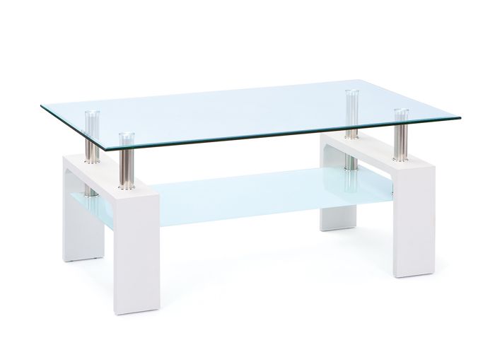 Table basse Alva avec plateau et tablette en verre. De couleur blanche.