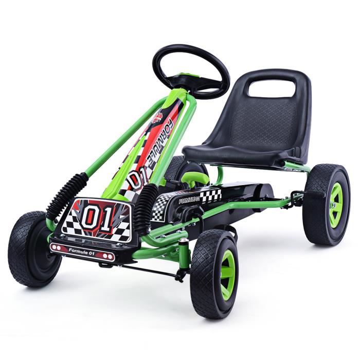 COSTWAY Kart à Pédales en Métal 1 Place Vert avec Roues en Caoutchouc 101 x 61 x 62CM Convient pour 3 à 8 ans Go Karting Enfant