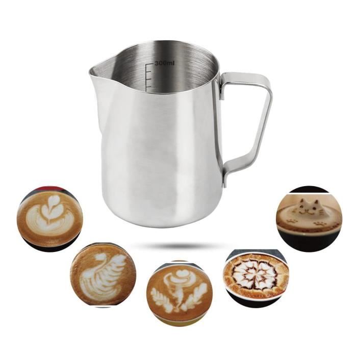Pot à Lait 350ml Acier Inoxydable Pichet à Lait Moussant avec la Ligne de Mesure pour Faire des Cappuccino Café Latte