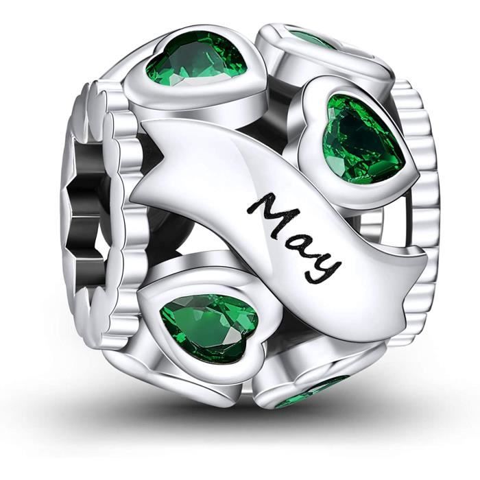 NINGAN Mai Pierres de Naissance Amour Coeur Charmes Ajouré Perle s'adapte aux Bracelets et Colliers Pandora pour Femmes