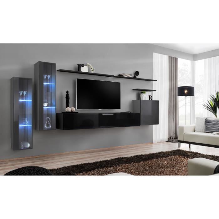 Ensemble meuble salon mural SWITCH XI design, coloris noir brillant et gris brillant. 40 Noir
