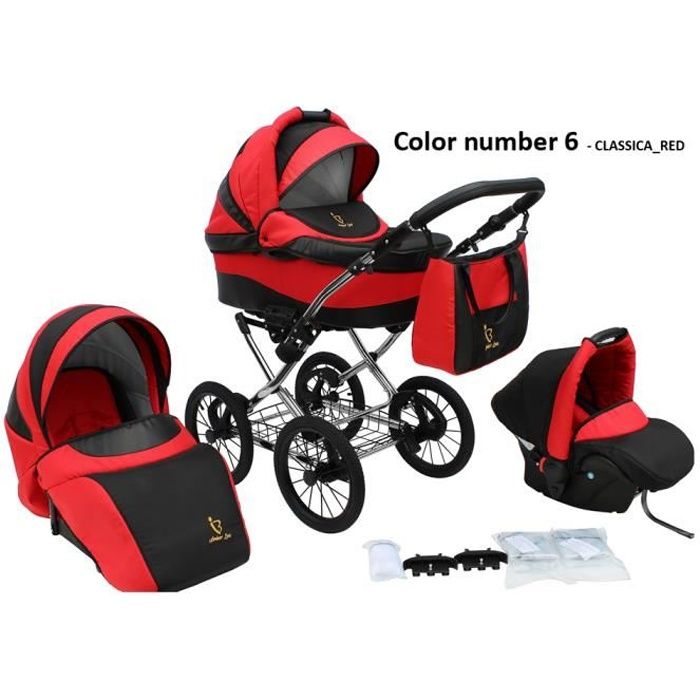 Poussette/Landau avec siège-auto 3en1 et avec accessoires & cadre en chrome et roues 14- gonflables bébé enfant Classica - Rouge.