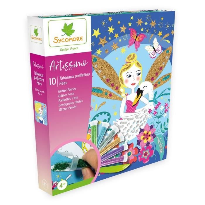 SYCOMORE Artissimo - 10 tableaux autocollants Paillettes Fées - A décorer avec des paillettes (8 tubes) - 1 spatule et 1 livret