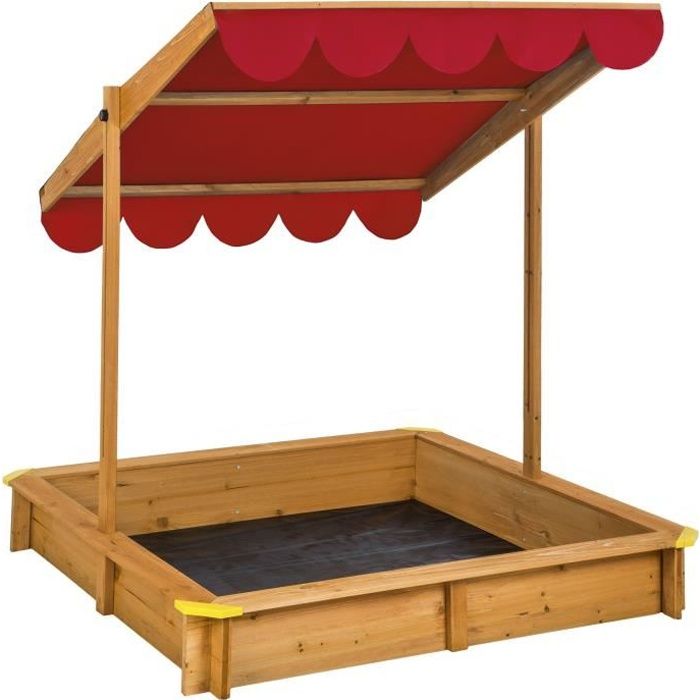 TECTAKE Bac à Sable en Bois avec 1 Toit et 1 Bâche 120 cm x 120 cm x 120 cm Rouge
