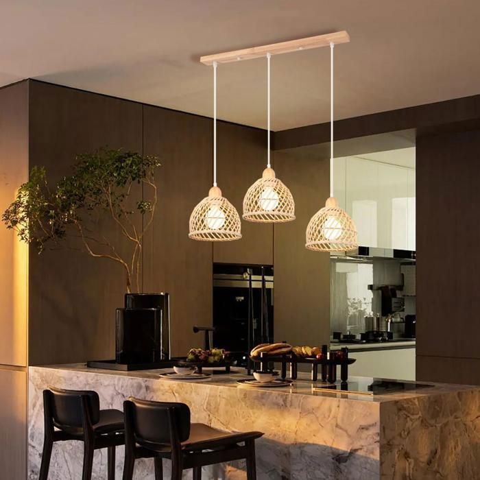 IDEGU Suspension Luminaire Rétro en Bois et Bambou Lampe Luminaire Abat-Jour Design Spirale Cage Vintage pour Salon Chambre